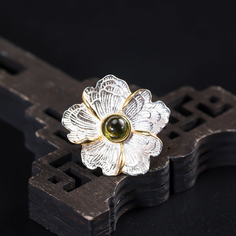 Forest Blossom Ring with Green Crystal Core