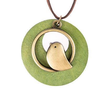 Minimalist Bird Pendant Necklace with Wooden Circle Design