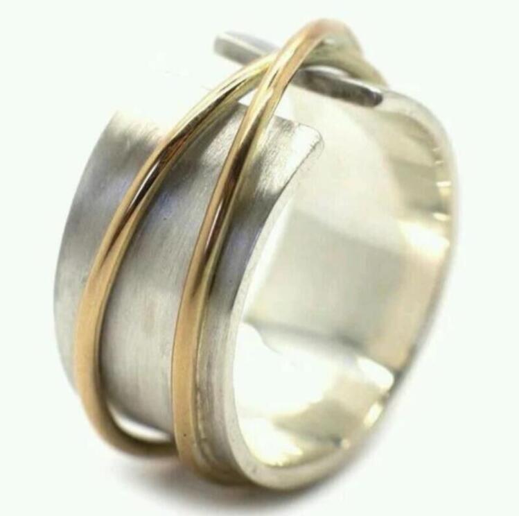 Rustic Wide Band Ring with Gold Wire Accent