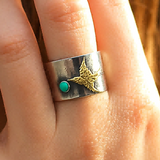 Golden Bird Totem Ring with Green Stone Accent