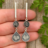 Handmade Leaf Drop Earrings with Black Gemstone Nature Design
