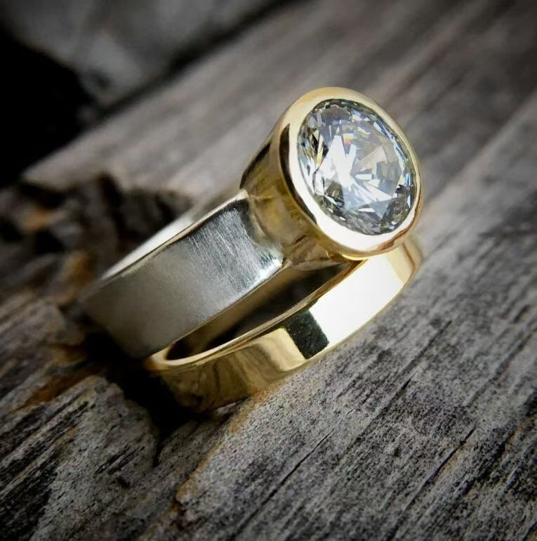 Two-Tone Bezel Set Round Crystal Statement Band Ring
