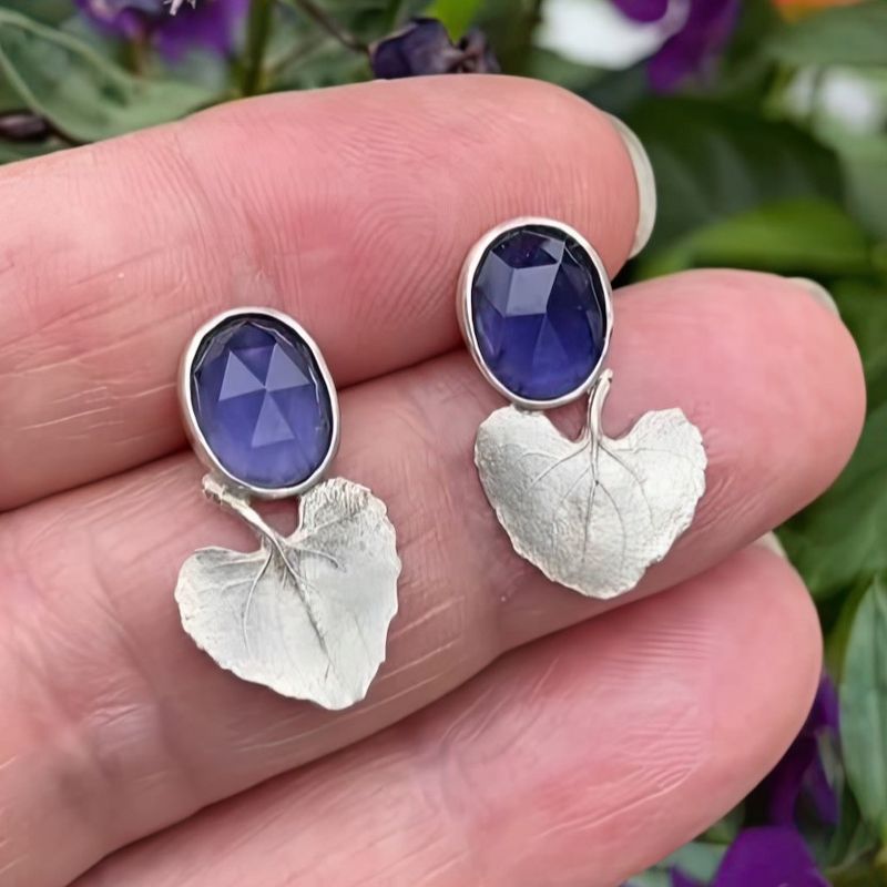 Handmade Leaf Earrings with Blue Gemstone Nature Inspired Design