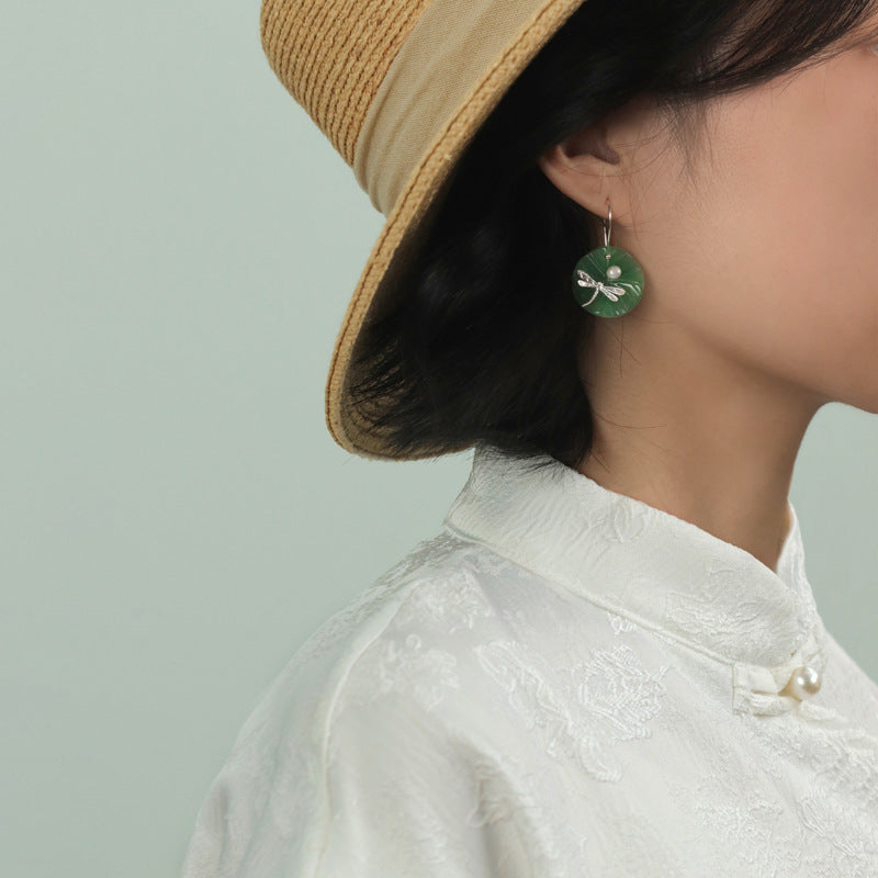 Dragonfly Dangle Earrings Green Jade Pearl