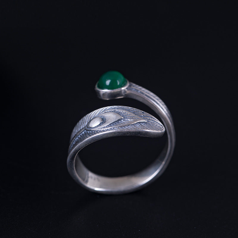 Adjustable Feather Ring with Green Crystal Accent