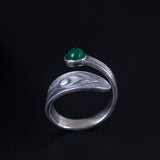 Adjustable Feather Ring with Green Crystal Accent
