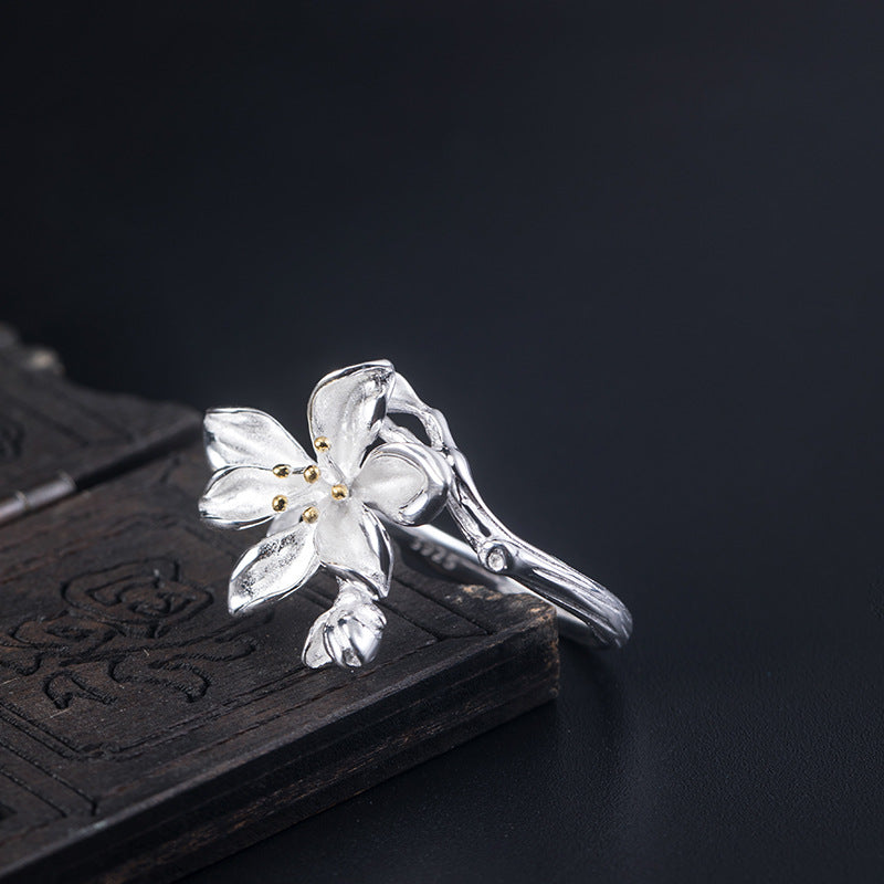 Silver Petal Ring with Golden Stamens for Gentle Energy