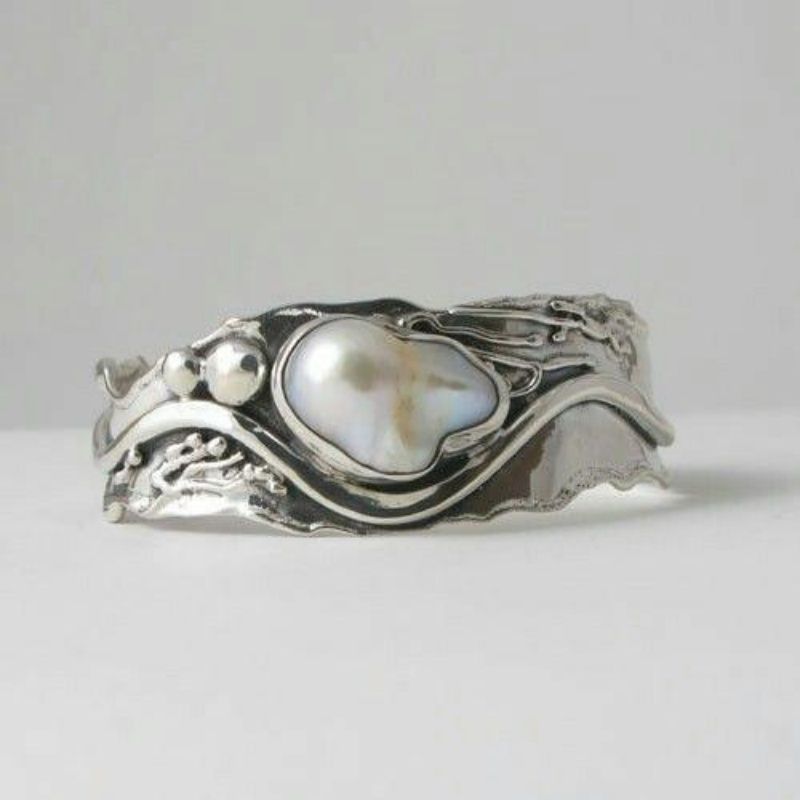Organic Wave Band Ring with Baroque Pearl Centerpiece