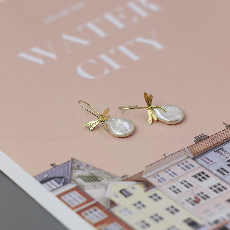 Baroque Pearl Drop Earrings with Dragonfly Charm