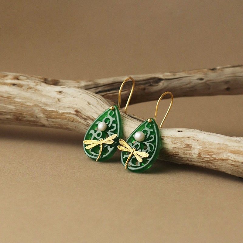 Green Dragonfly Drop Earrings for Transformation and Balance
