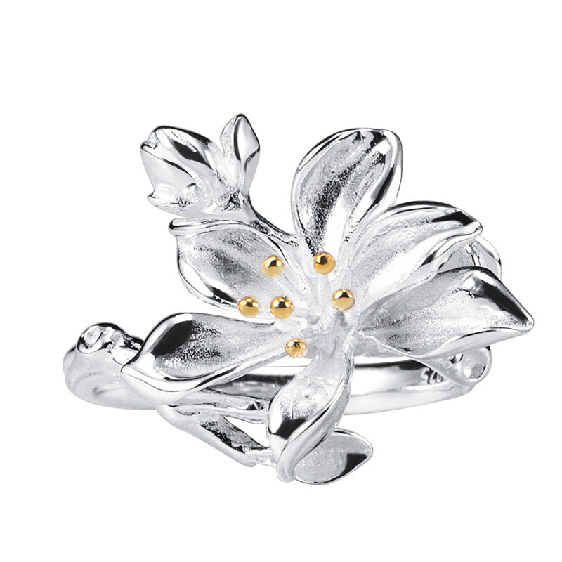 Silver Petal Ring with Golden Stamens for Gentle Energy