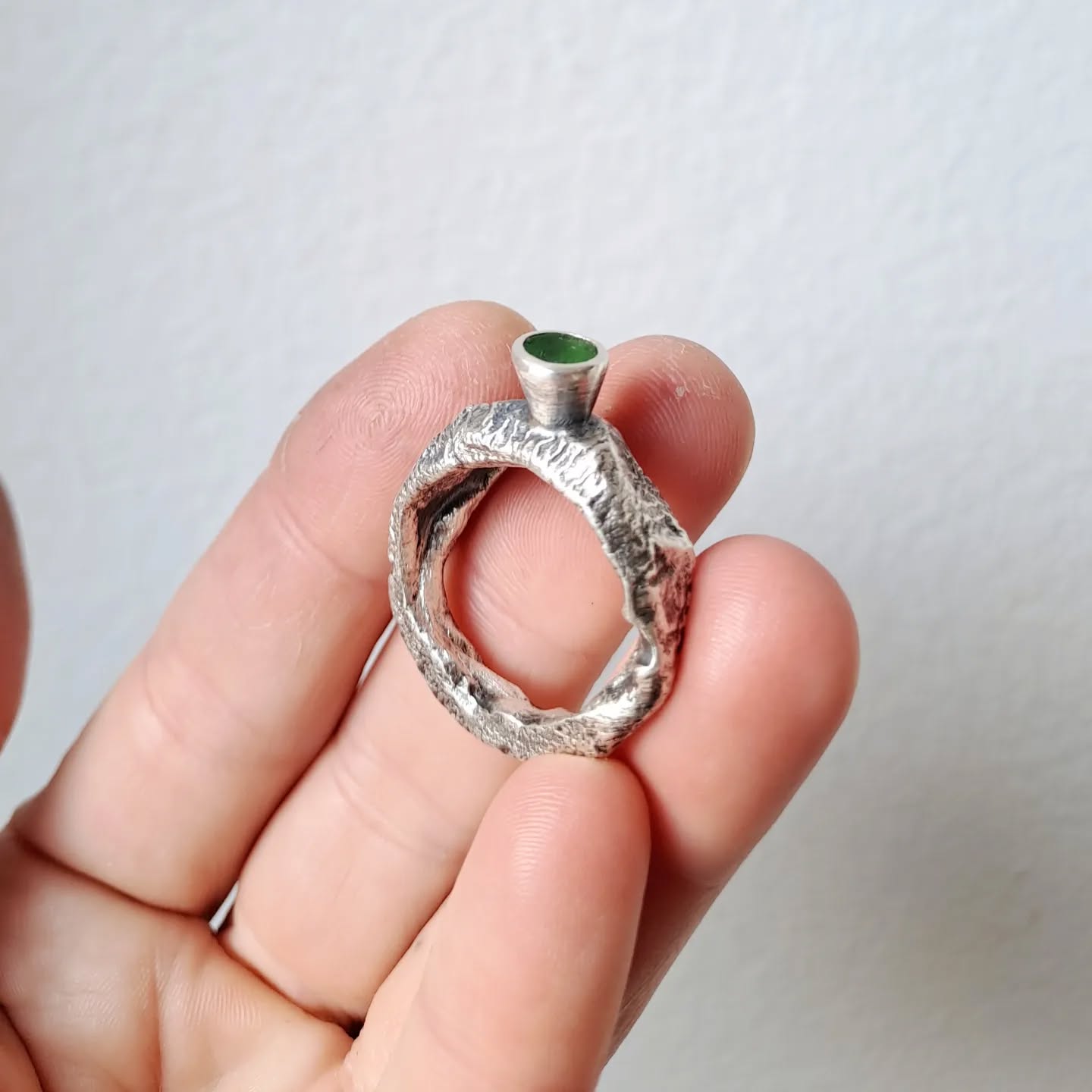 Rough Textured Ring with Deep Forest Green Stone