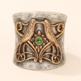 Twin Birds Green Gem Ring with Floral Tribal Design