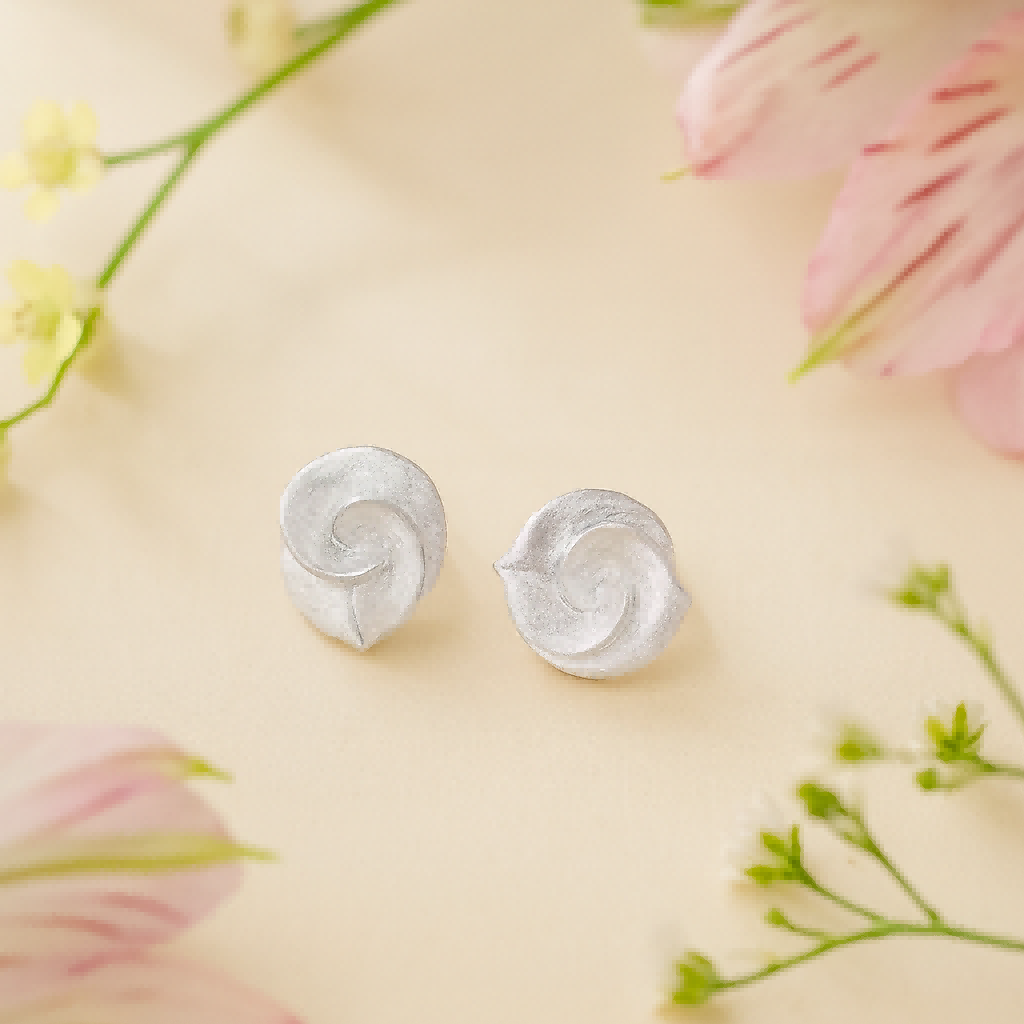 Silver Spiral Leaf Stud Earrings – Whisper of the Grove