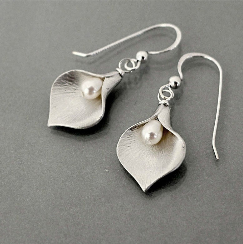 Gold Flower Petal Earrings with Pearl Nature Inspired Design