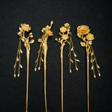 Golden Goddess Hairpins with Blossoms and Flowing Chains