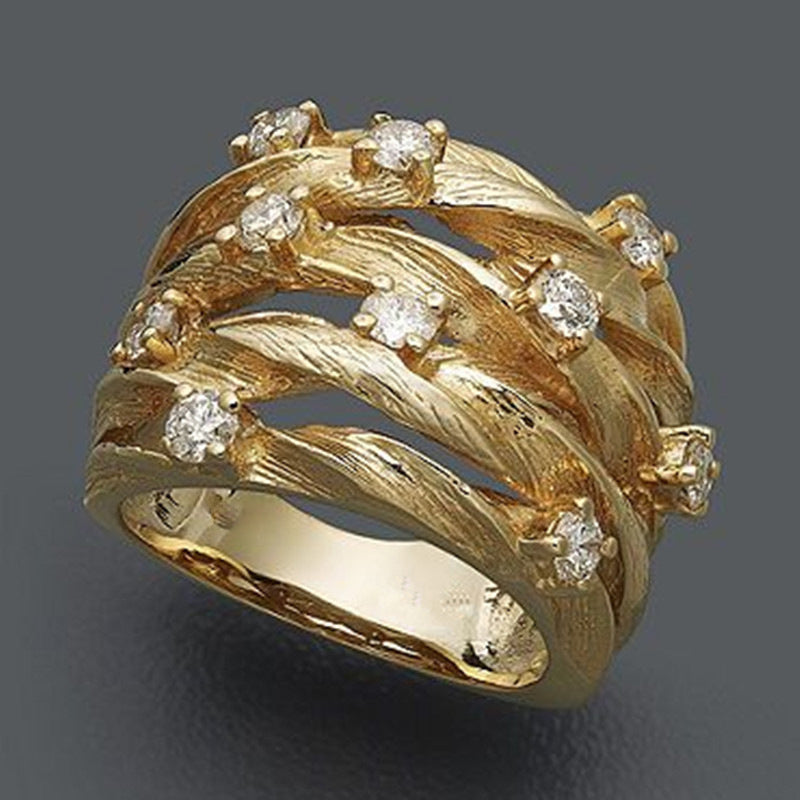 Gold Leaf Weave Ring with Sparkling Crystal Accents