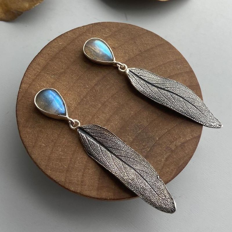 Labradorite Gemstone Long Leaf Earrings Nature Inspired Design