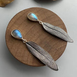 Labradorite Gemstone Long Leaf Earrings Nature Inspired Design