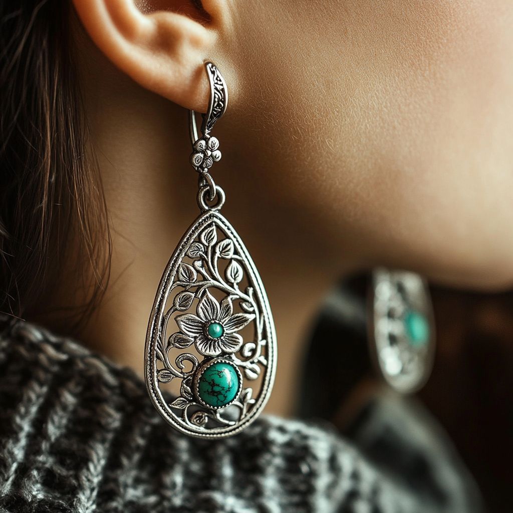 Bohemian Teardrop Turquoise Earrings with Floral Filigree Design