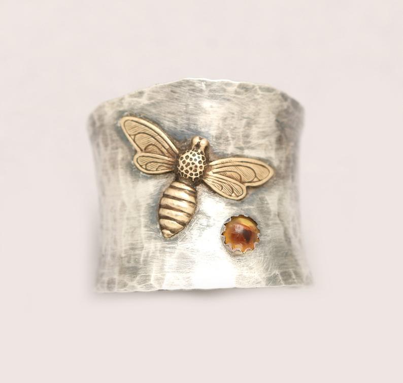Boho Honeybee Ring with Amber Stone Wide Band