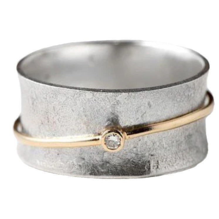 Rustic Wide Band Ring with Golden Line and Gemstone