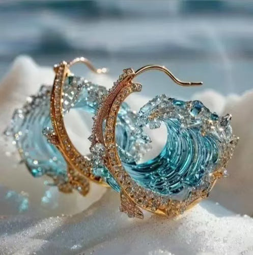 Golden Ocean Wave Pendant with Sparkling Crystal Accents
