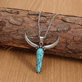 Western Bull Horn Necklace with Turquoise Stone Pendant