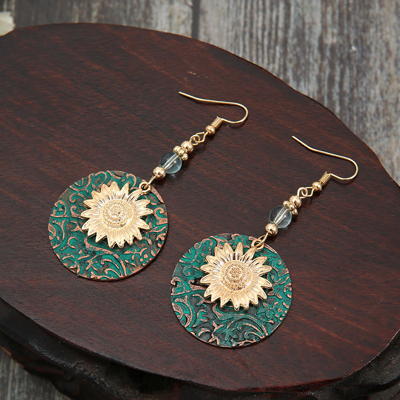 Bohemian Sunflower Earrings with Vintage Floral Round Design