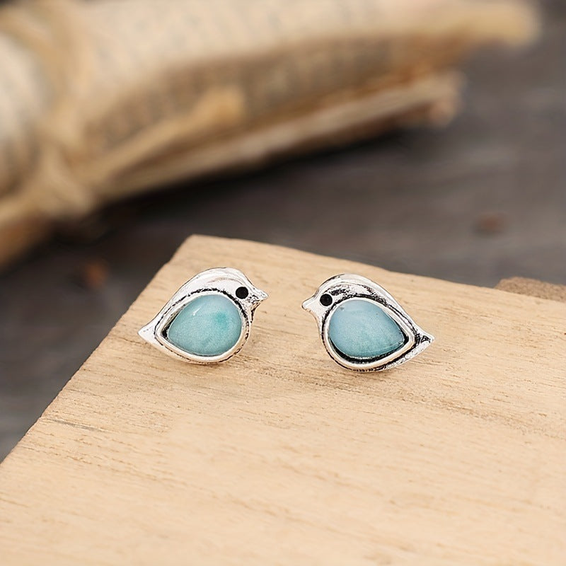 Cute Bird Stud Earrings with Blue Gemstone Nature Design