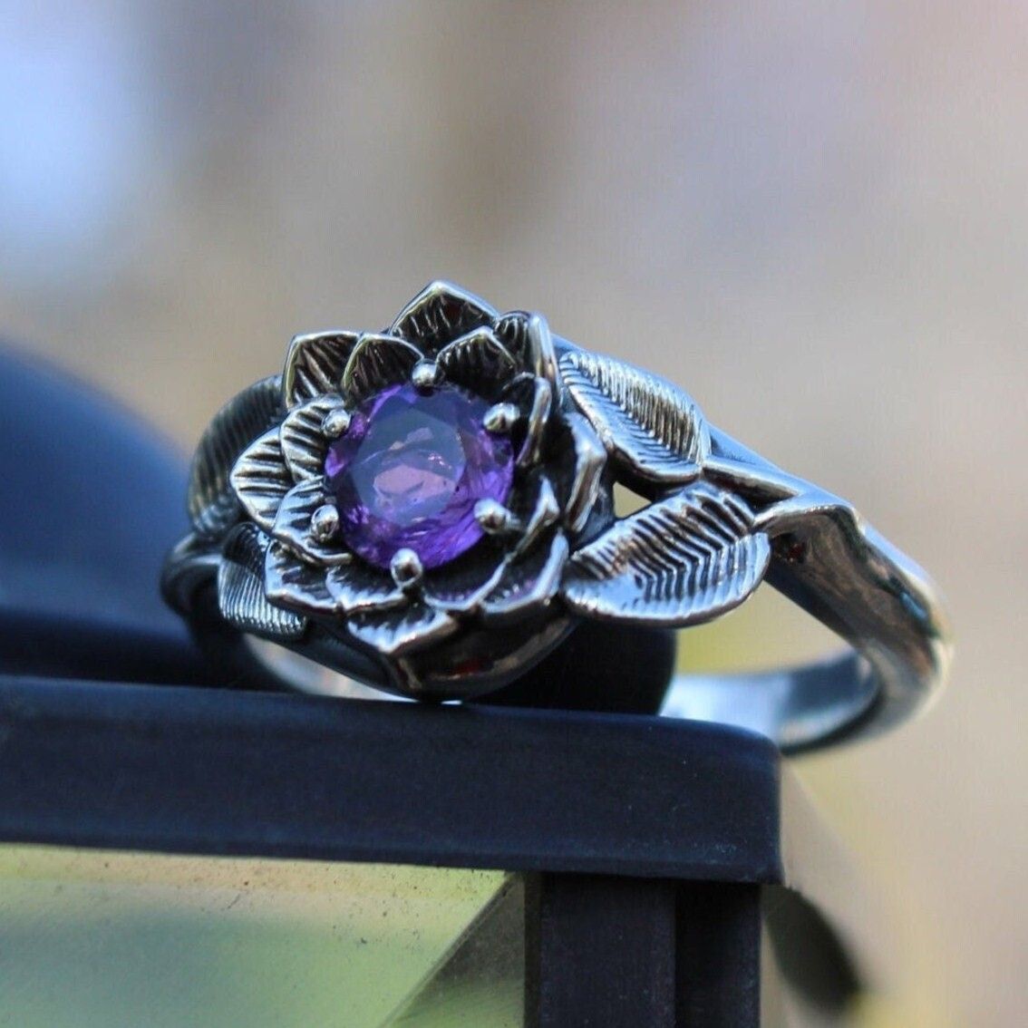 Bohemian Floral Amethyst Ring with Nature Inspired Design