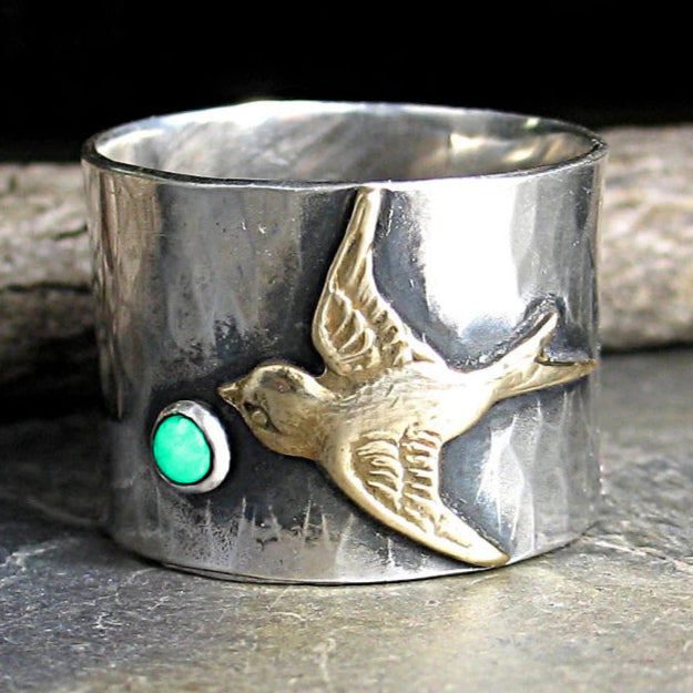 Golden Bird Totem Ring with Green Stone Accent