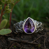 Vintage Floral Ring with Teardrop Purple Gemstone Design