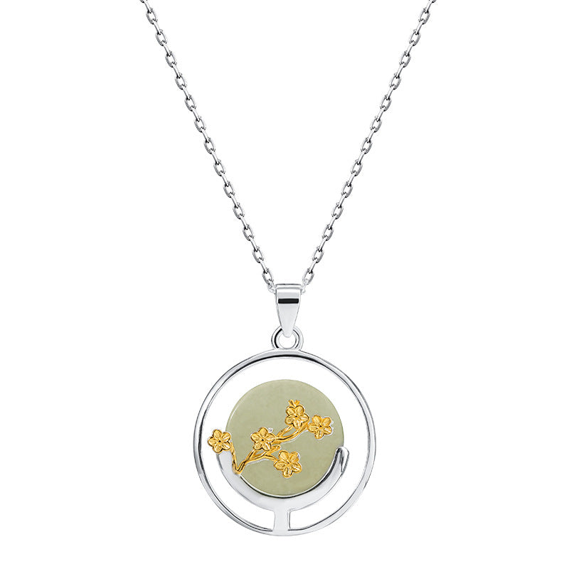 Celestial Blossom Pendant Necklace with Jade and Gold Flowers