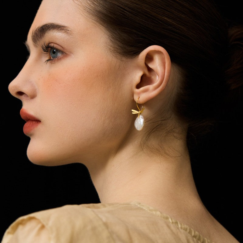 Baroque Pearl Drop Earrings with Dragonfly Charm
