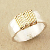 Wide Hammered Ring with Wrapped Golden Wire Detail