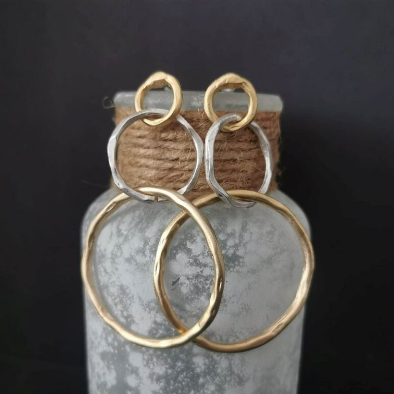 Mixed Metal Double Hoop Earrings with Organic Hammered Finish
