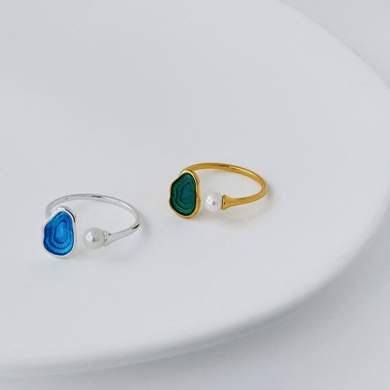 Ocean Agate and Pearl Ring for Intuition and Flow