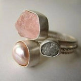 Raw Rose Quartz Pearl Druzy Ring in Silver Setting