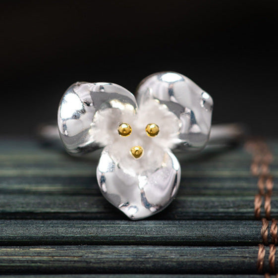 Silver Petal Ring with Golden Stamens for Gentle Energy