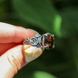 Garnet Rose Ring with Vintage Floral Engraved Band