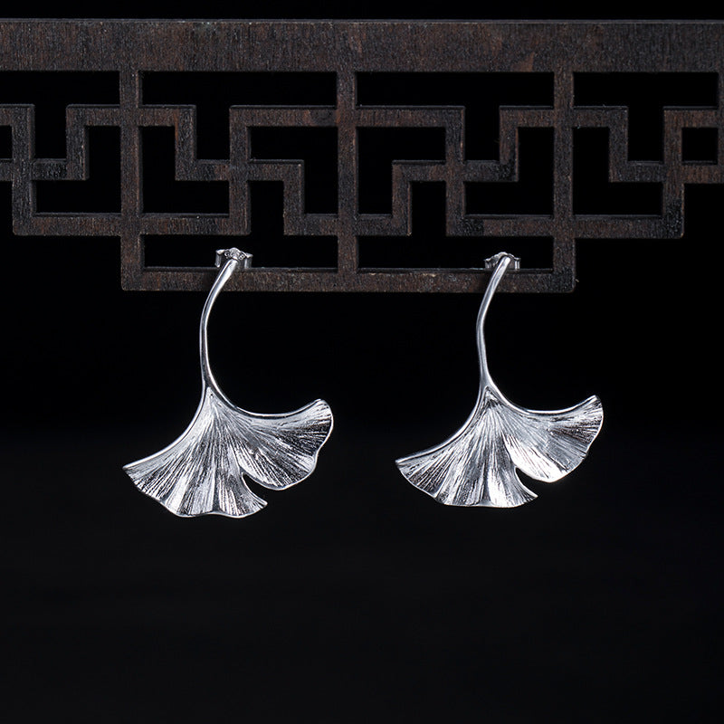 Silver Ginkgo Leaf Earrings with Natural Flowing Texture