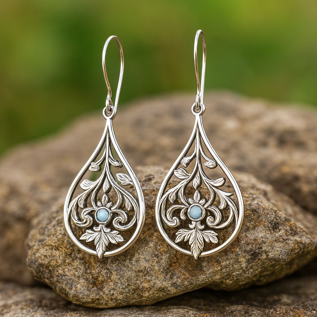 Bohemian Filigree Drop Earrings with Floral Leaf Motif