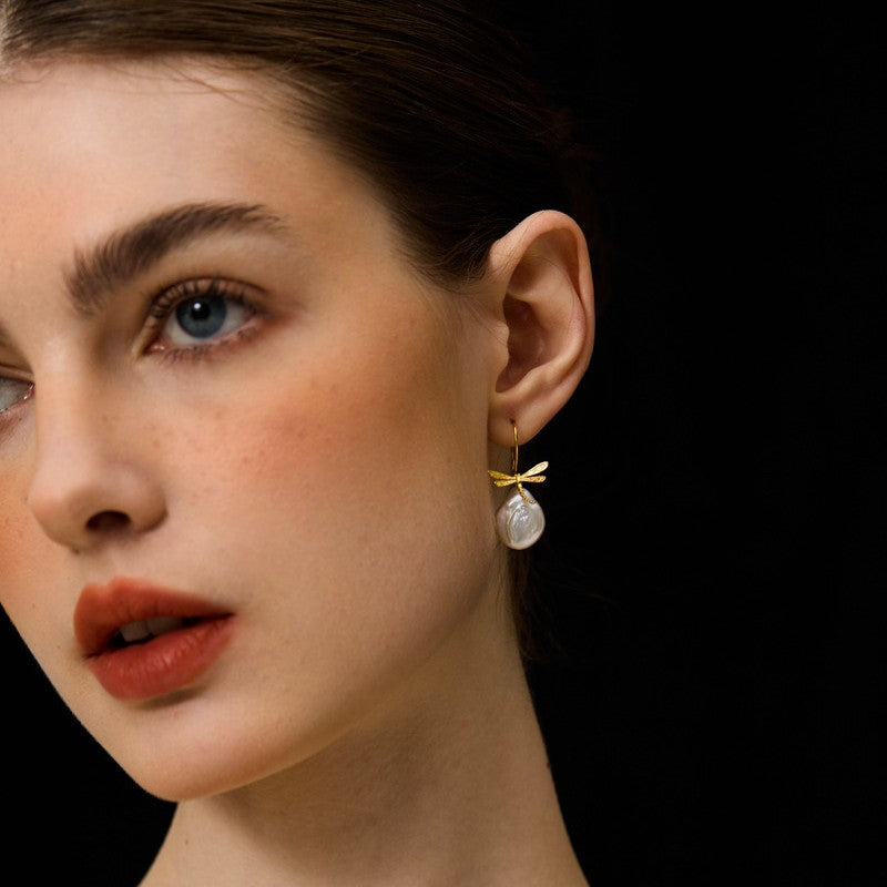 Baroque Pearl Drop Earrings with Dragonfly Charm