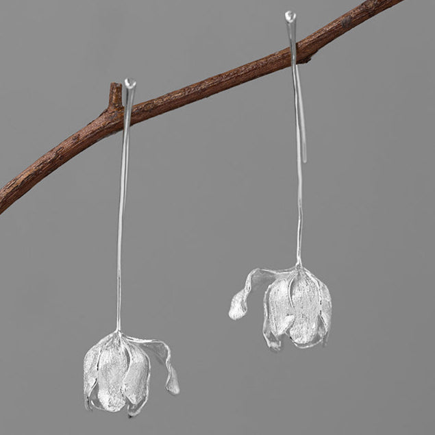 Silver Bud Drop Earrings for Awakening and Graceful Bloom