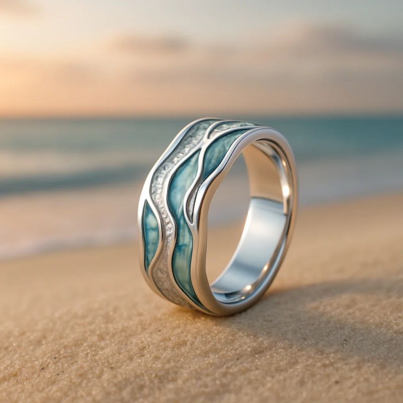 Ocean Wave Blue Enamel Band Ring with Nature Design