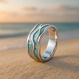 Ocean Wave Blue Enamel Band Ring with Nature Design