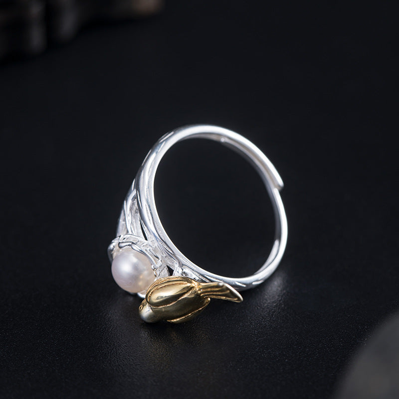 Golden Bird Pearl Ring – Nature-Inspired Adjustable Band