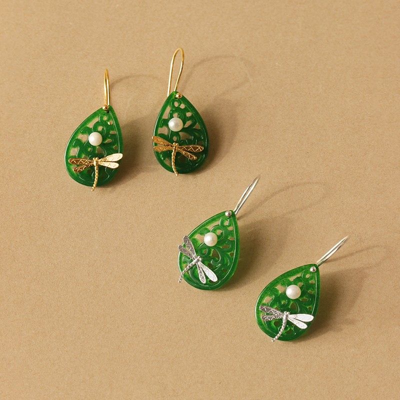 Green Dragonfly Drop Earrings for Transformation and Balance