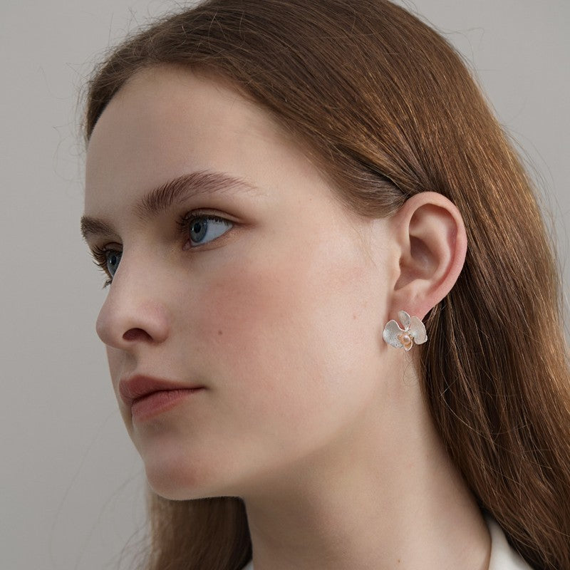 Pearl Orchid Earrings with Gold Flower Design